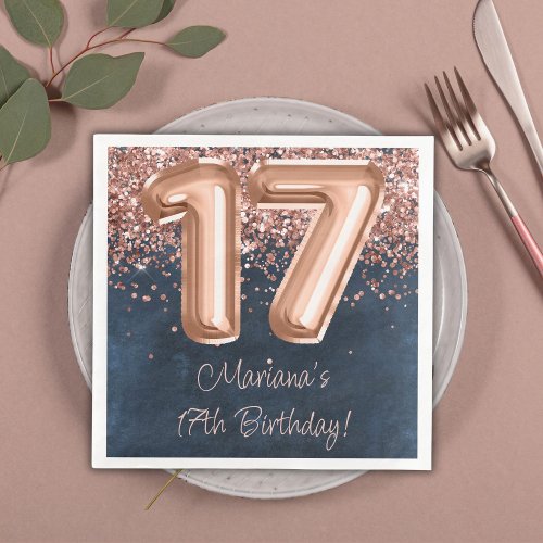  Rose Gold Navy Blue 17th Birthday Party Paper Dinner Napkins