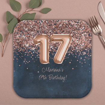 Rose Gold Navy Blue 17th Birthday Party Paper Plates by WittyPrintables at Zazzle