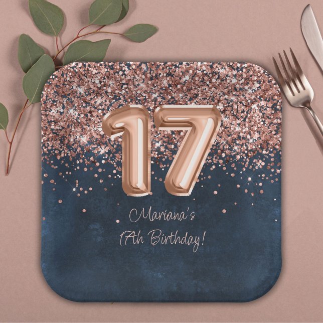  Rose Gold Navy Blue 17th Birthday Party Paper Plates (Creator Uploaded)