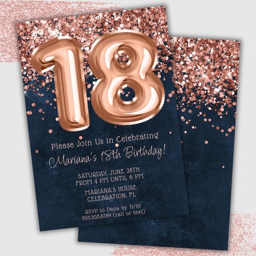 Rose Gold Navy Blue 18th Birthday Party Invitation