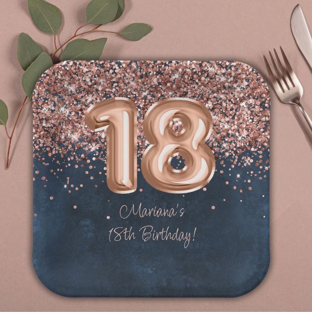  Rose Gold Navy Blue 18th Birthday Party Paper Plates (Creator Uploaded)