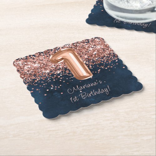  Rose Gold Navy Blue 1st Birthday Party Paper Coaster
