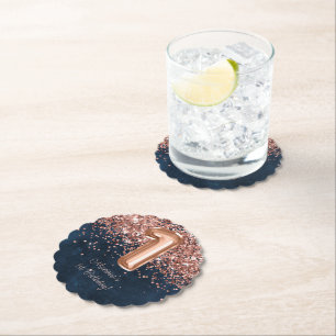 Rose Gold Navy Blue 1st Birthday Party Paper Coaster