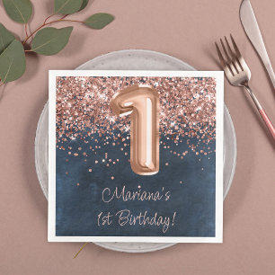 Rose Gold Navy Blue 1st Birthday Party Paper Dinner Napkins