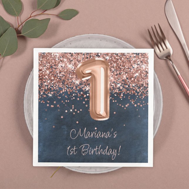  Rose Gold Navy Blue 1st Birthday Party Paper Dinner Napkins (Creator Uploaded)