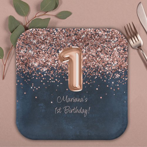  Rose Gold Navy Blue 1st Birthday Party Paper Plates