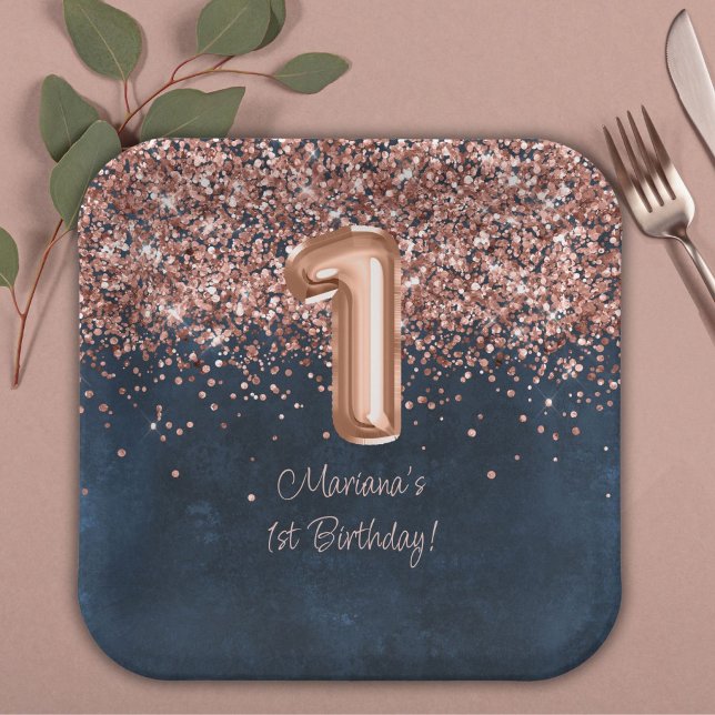  Rose Gold Navy Blue 1st Birthday Party Paper Plates (Creator Uploaded)