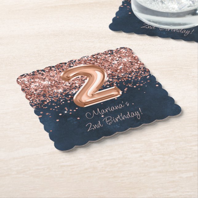  Rose Gold Navy Blue 2nd Birthday Party Paper Coaster (Angled)