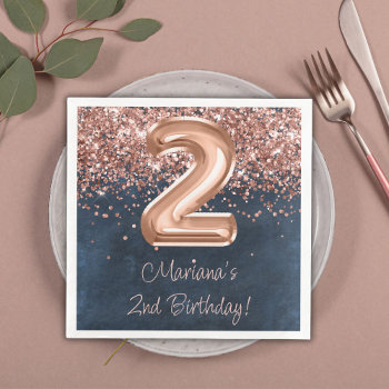 Rose Gold Navy Blue 2nd Birthday Party Paper Dinner Napkins by WittyPrintables at Zazzle