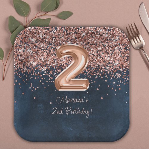  Rose Gold Navy Blue 2nd Birthday Party Paper Plates