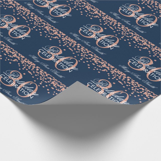 Rose Gold Navy Blue 30th Birthday Glitter Confetti Wrapping Paper (Corner)