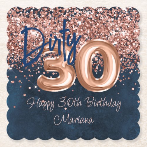 Rose Gold Navy Blue 30th Birthday Party Paper Coaster
