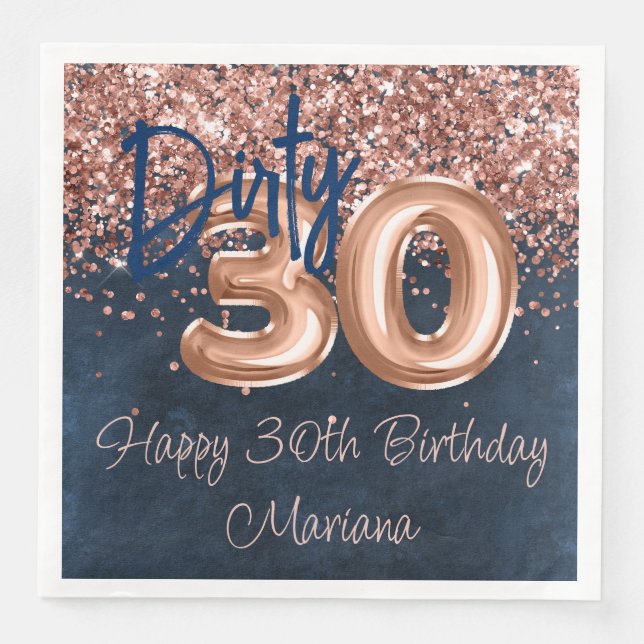 Rose Gold Navy Blue 30th Birthday Party Paper Dinner Napkins (Front)
