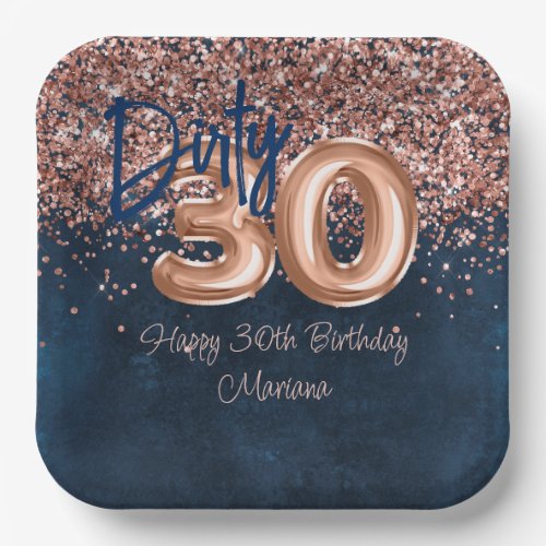 Rose Gold Navy Blue 30th Birthday Party Paper Plates