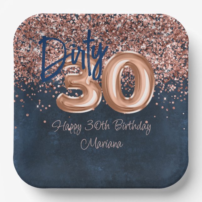 Rose Gold Navy Blue 30th Birthday Party Paper Plates (Front)