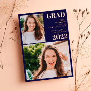 Rose gold navy blue 3 photos graduation foil invitation