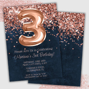 Rose Gold Navy Blue 3rd Birthday Party Invitation