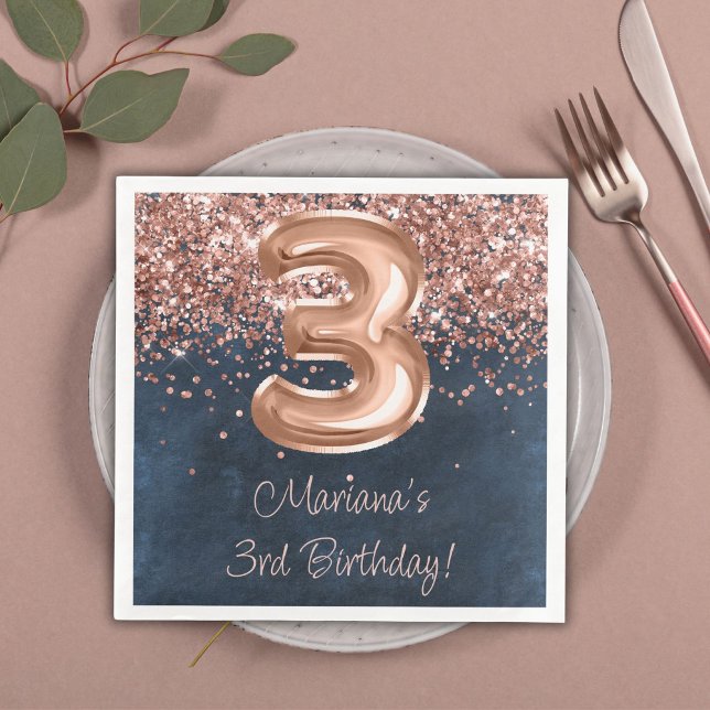  Rose Gold Navy Blue 3rd Birthday Party Paper Dinner Napkins (Creator Uploaded)