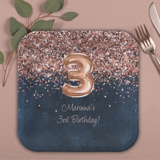  Rose Gold Navy Blue 3rd Birthday Party Paper Plates (Creator Uploaded)