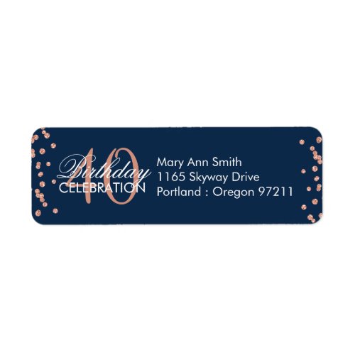 Rose Gold Navy Blue 40th Birthday Glitter Confetti Label