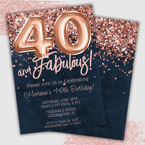 Rose Gold Navy Blue 40th Birthday Party Invitation