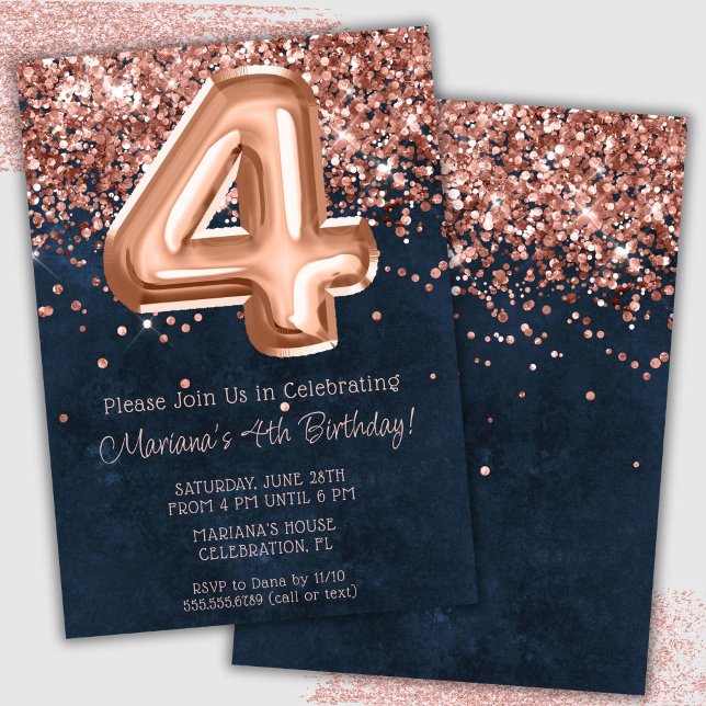 Rose Gold Navy Blue 4th Birthday Party Invitation (Creator Uploaded)