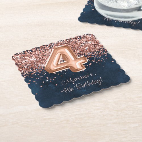  Rose Gold Navy Blue 4th Birthday Party Paper Coaster