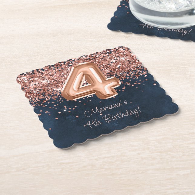  Rose Gold Navy Blue 4th Birthday Party Paper Coaster (Angled)