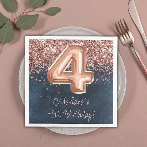  Rose Gold Navy Blue 4th Birthday Party Paper Dinner Napkins