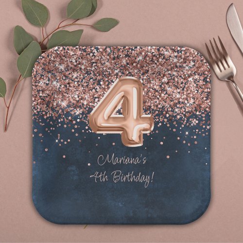  Rose Gold Navy Blue 4th Birthday Party Paper Plates
