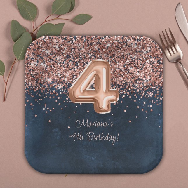  Rose Gold Navy Blue 4th Birthday Party Paper Plates (Creator Uploaded)