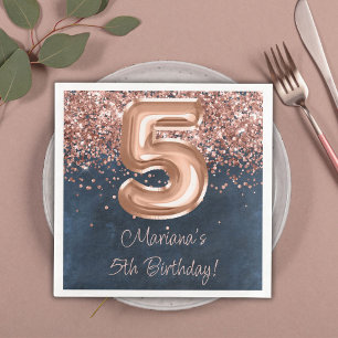 Rose Gold Navy Blue 5th Birthday Party Paper Dinner Napkins