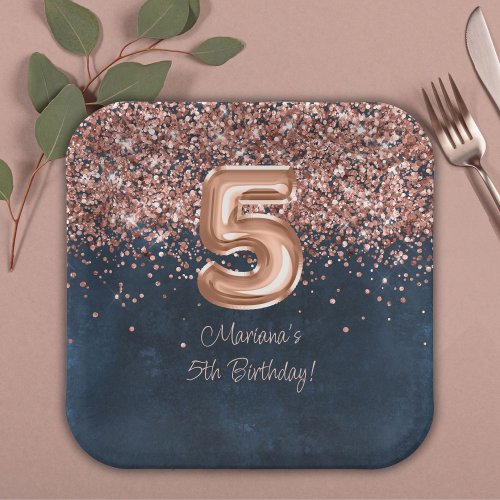 Rose Gold Navy Blue 5th Birthday Party Paper Plates