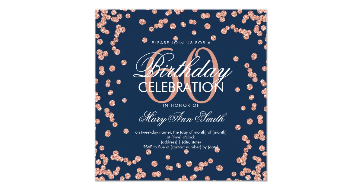 Rose Gold Navy Blue 60th Birthday Glitter Confetti Invitation | Zazzle.com