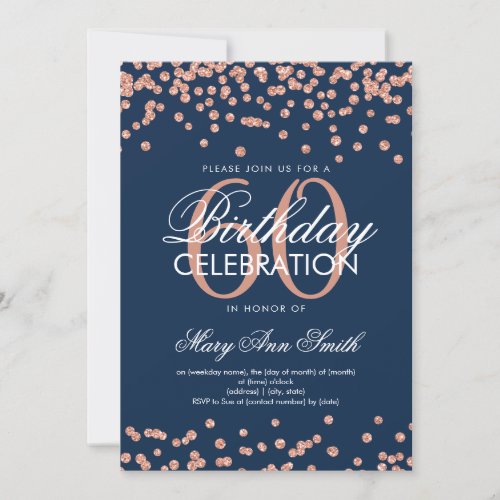 Rose Gold Navy Blue 60th Birthday Party Confetti Invitation