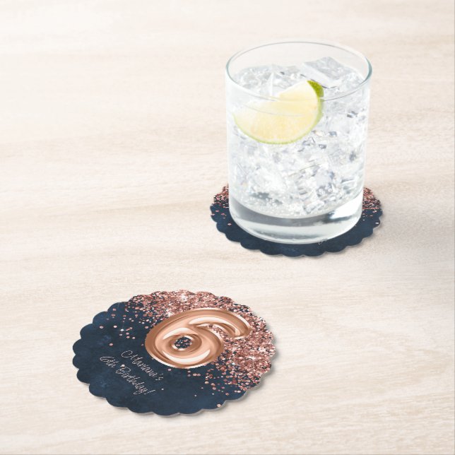  Rose Gold Navy Blue 6th Birthday Party Paper Coaster (Insitu)