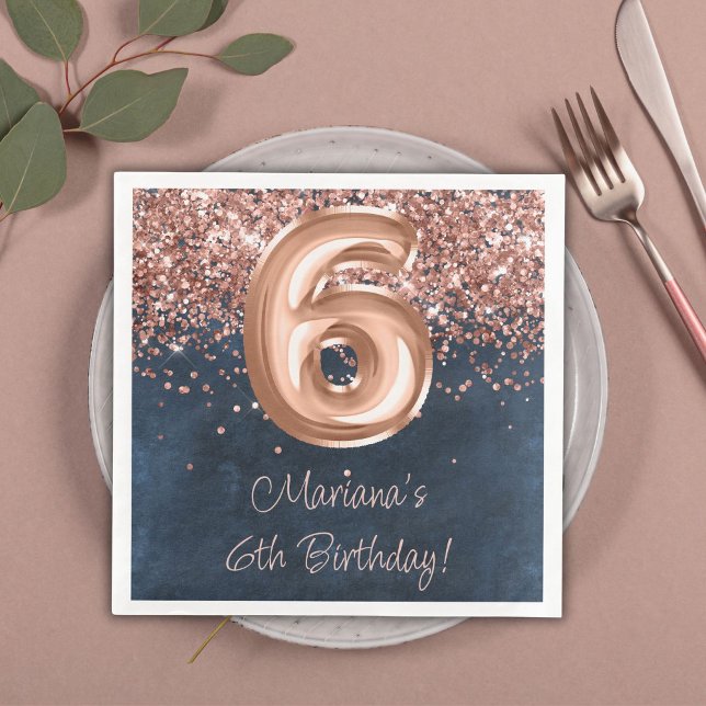  Rose Gold Navy Blue 6th Birthday Party Paper Dinner Napkins (Creator Uploaded)