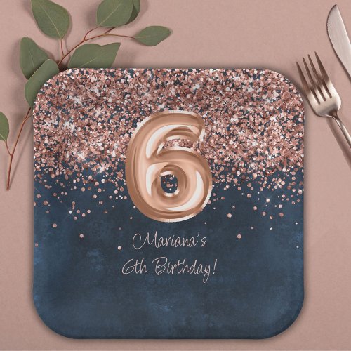 Rose Gold Navy Blue 6th Birthday Party Paper Plates