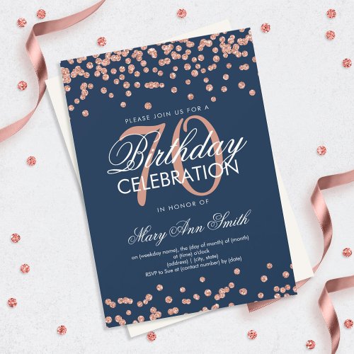 Rose Gold Navy Blue 70th Birthday Glitter Confetti Invitation