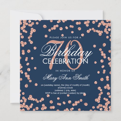 Rose Gold Navy Blue 70th Birthday Glitter Confetti Invitation