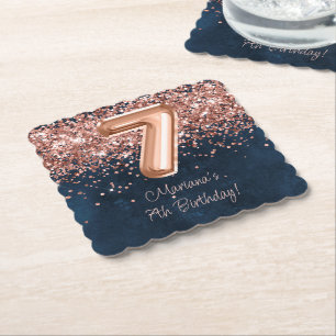 Rose Gold Navy Blue 7th Birthday Party Paper Coaster