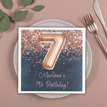 Rose Gold Navy Blue 7th Birthday Party Paper Dinner Napkins by WittyPrintables at Zazzle