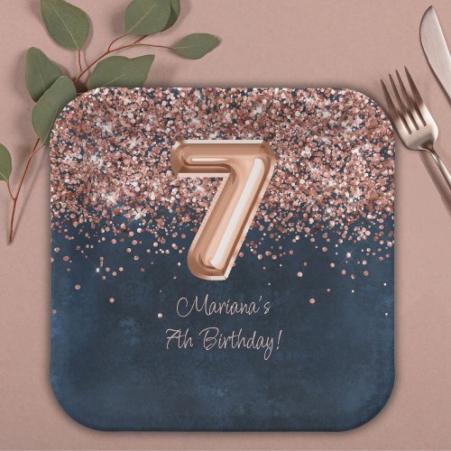  Rose Gold Navy Blue 7th Birthday Party Paper Plates