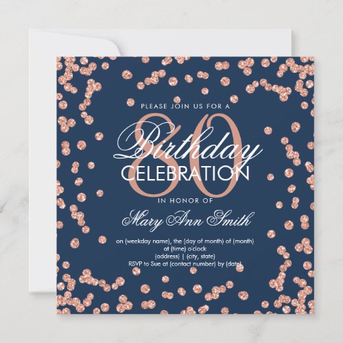 Rose Gold Navy Blue 80th Birthday Glitter Confetti Invitation