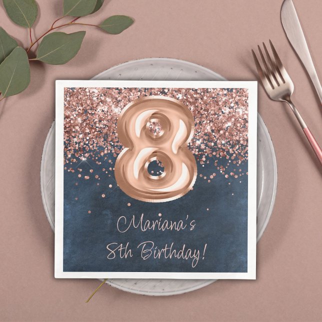  Rose Gold Navy Blue 8th Birthday Party Paper Dinner Napkins (Creator Uploaded)