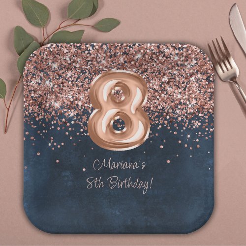  Rose Gold Navy Blue 8th Birthday Party Paper Plates