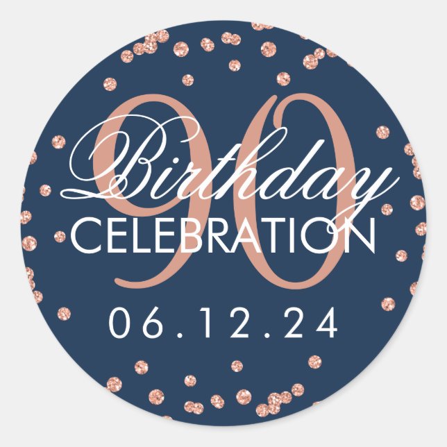 Rose Gold Navy Blue 90th Birthday Glitter Confetti Classic Round Sticker (Front)