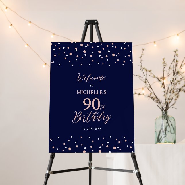 Rose Gold & Navy Blue 90th Birthday Party Welcome Foam Board (In Situ (Stand))