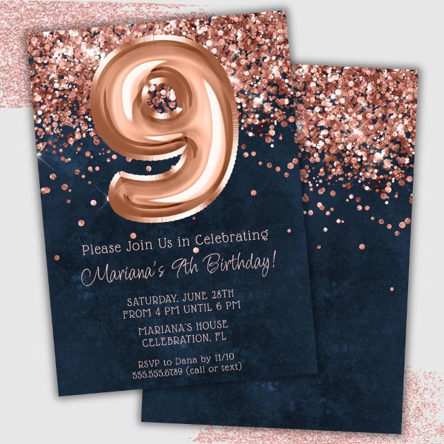 Rose Gold Navy Blue 9th Birthday Party Invitation (Creator Uploaded)