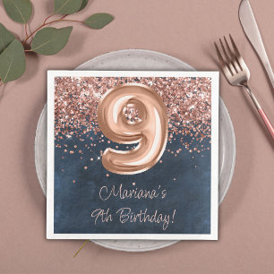 Rose Gold Navy Blue 9th Birthday Party Paper Dinner Napkins
